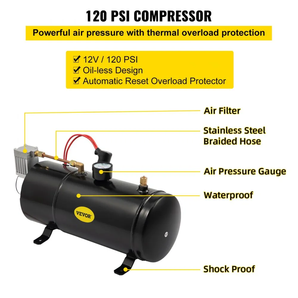 VEVOR 12V luchthoorn chroom zink dubbele trompet, 150 psi luchthoornset trompettrein, luchthoornset, compressor met accessoires 