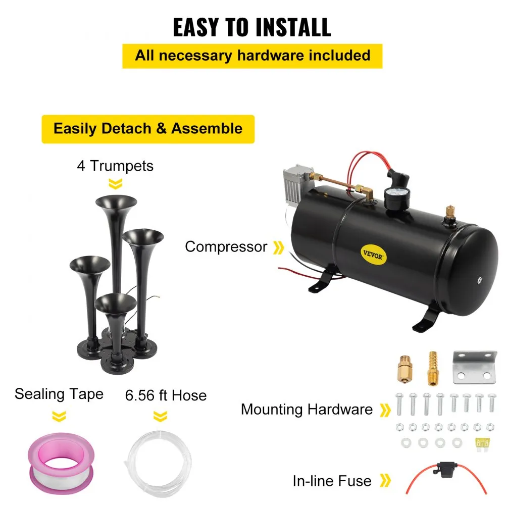 VEVOR 12V luchthoorn chroom zink dubbele trompet, 150 psi luchthoornset trompettrein, luchthoornset, compressor met accessoires 